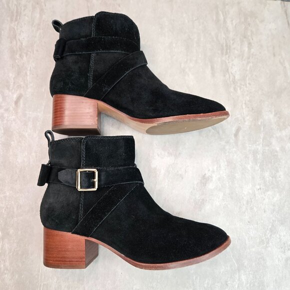 Kate Spade Moto Ankle Boots 8 Black Suede Low Block Heel Dressy Chic Bow Booties - Picture 5 of 13
